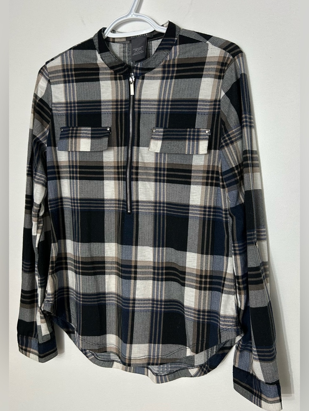 Suzy Shier Navy and Cream Plaid 1/4 Zip Women's Blouse